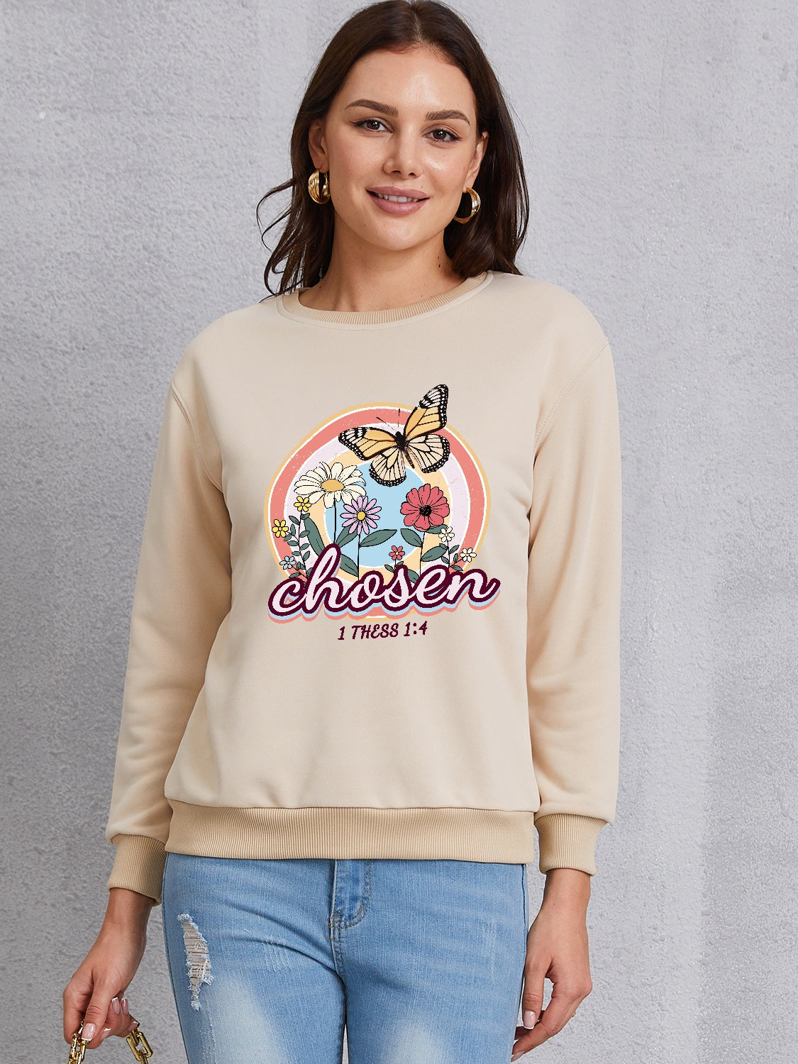 Butterfly Round Neck Dropped Shoulder Sweatshirt