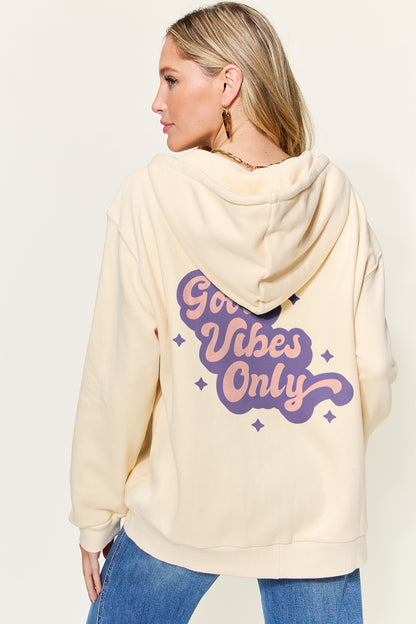 Simply Love Full Size GOOD VIBES ONLY Graphic Zip-Up Hoodie with Pockets