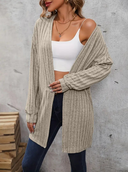 Ribbed Open Front Dropped Shoulder Cardigan