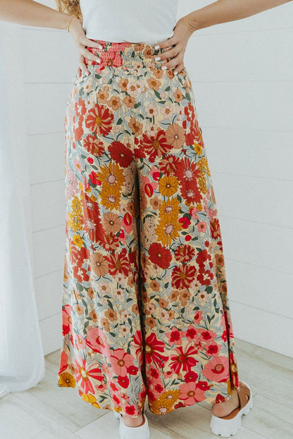 Oatmeal Boho Floral Smocked Waist Wide Leg Pants