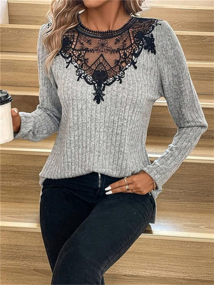 Lace Detail Ribbed Long Sleeve Knit Top