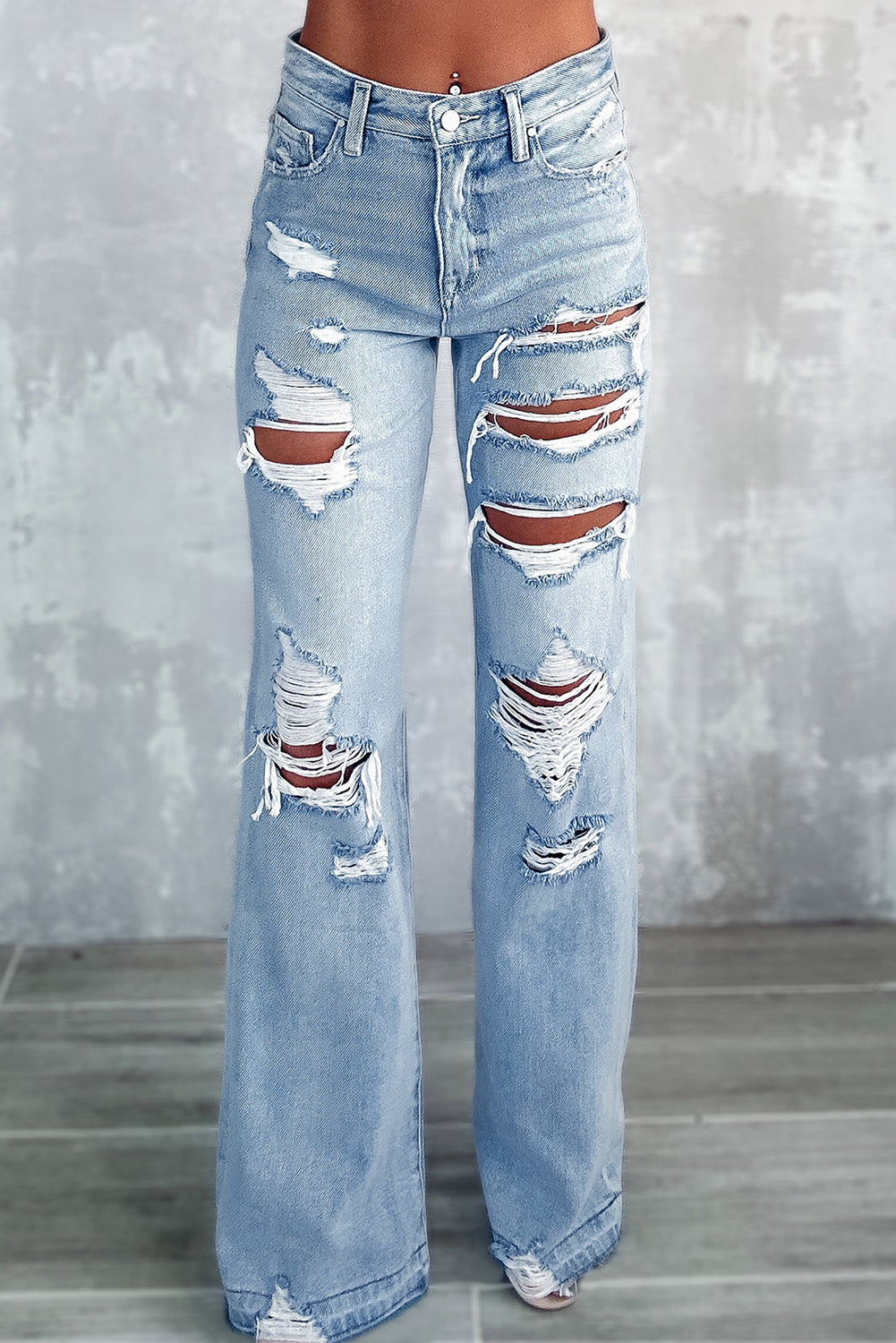 Sky Blue Vintage Distressed Ripped Wide Leg Jeans