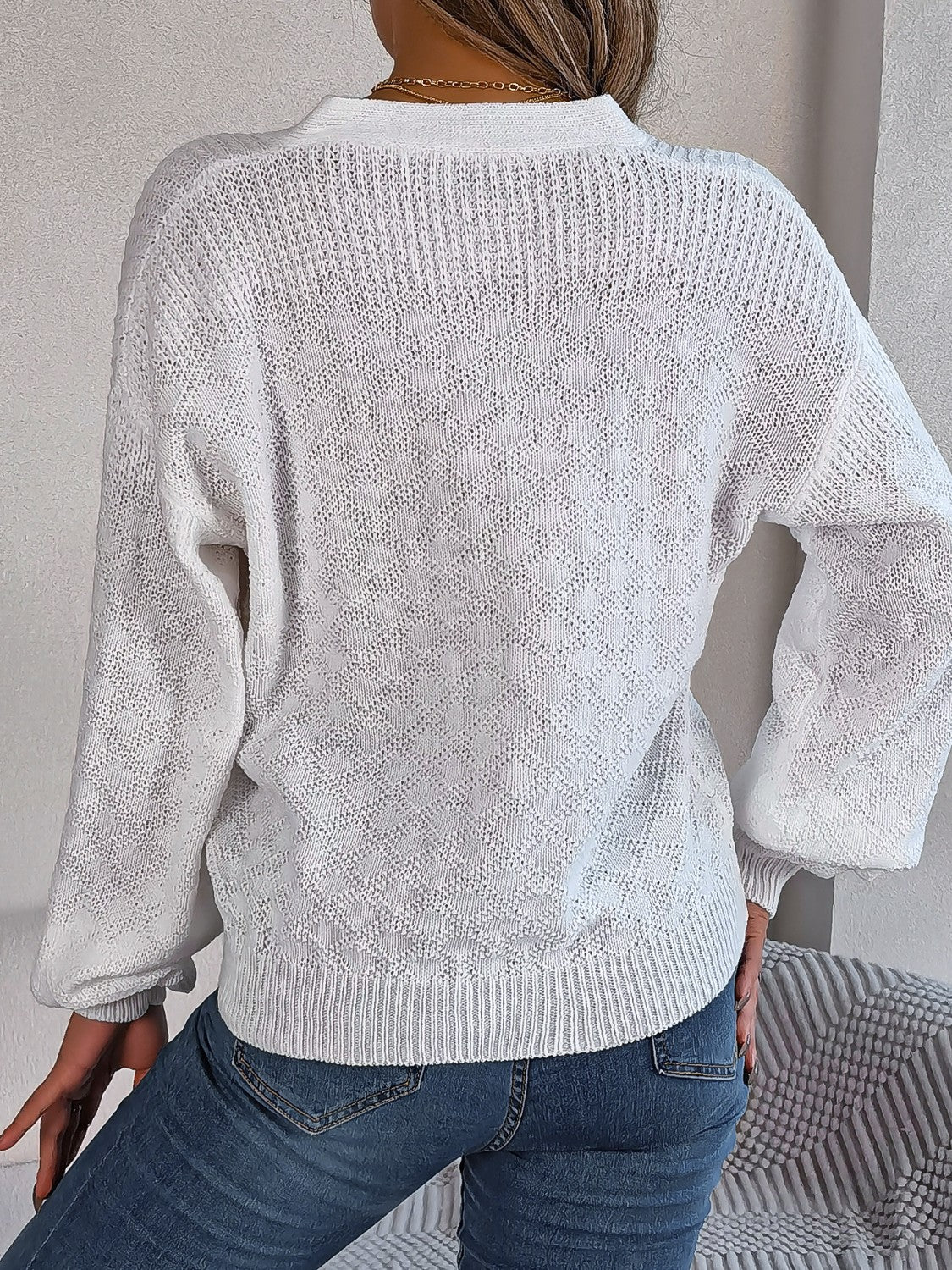 Half Button V-Neck Long Sleeve Sweater