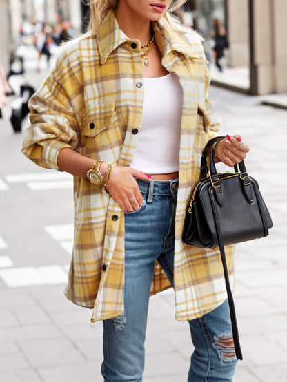 Pocketed Plaid Button Up Dropped Shoulder Shacket