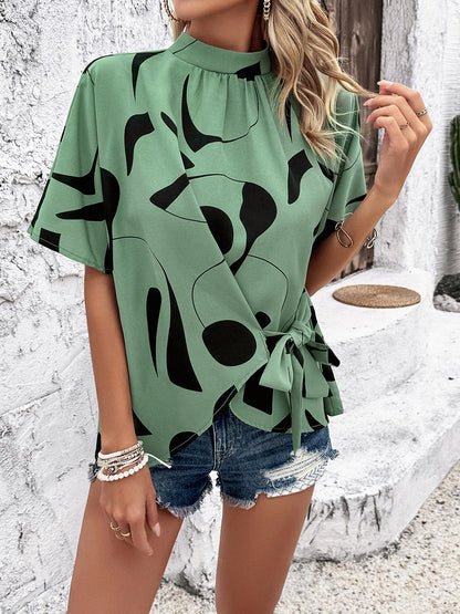 Tied Printed Mock Neck Half Sleeve Blouse