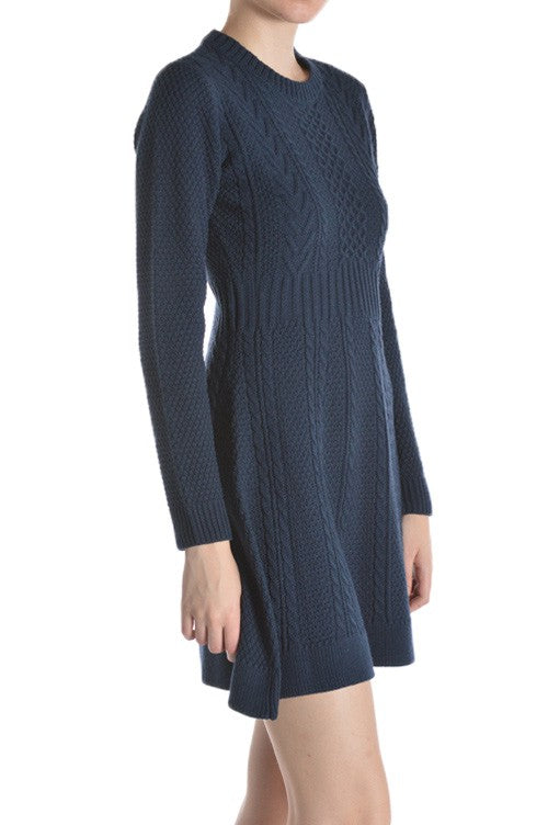 Cable Knit Round Neck Long Sleeves Flare Dress