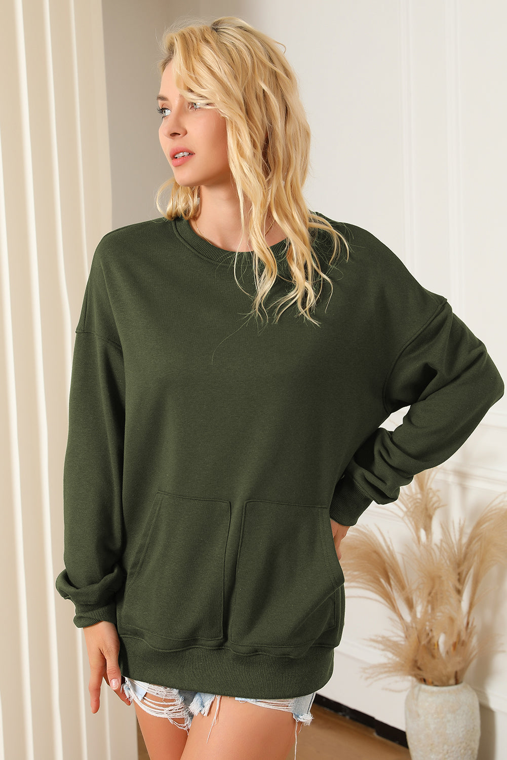 Pocketed Round Neck Dropped Shoulder Sweatshirt