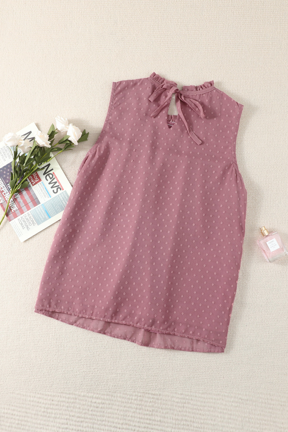 Smocked Frill Swiss Dot Round Neck Tank