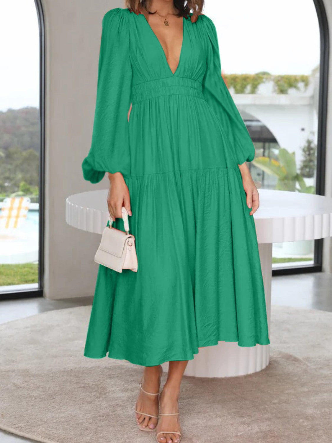 Deep V-Neck Balloon Sleeve Plain Maxi Dress