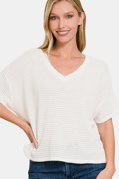 Zenana Drop Shoulder Short Sleeve Jacquard Knit Top