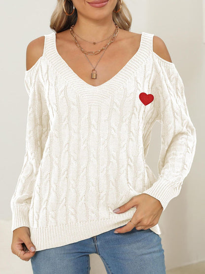 Cable-Knit Heart V-Neck Sweater