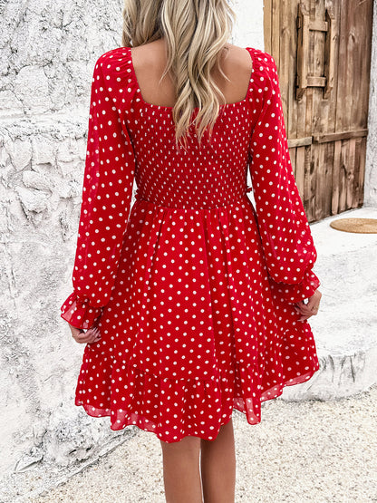 Smocked Polka Dot Long Sleeve Dress