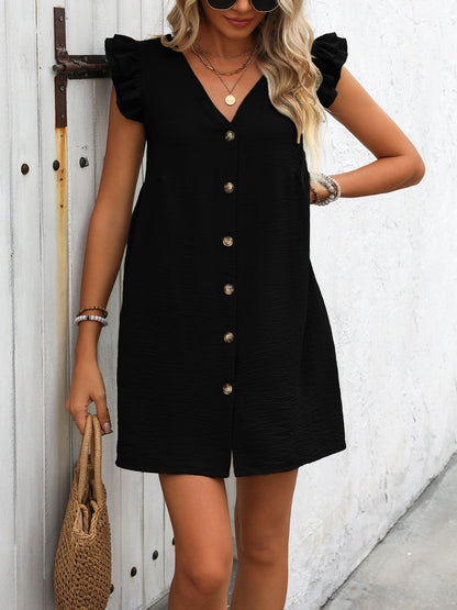 Ivy Lane Button Up V-Neck Cap Sleeve Mini Dress