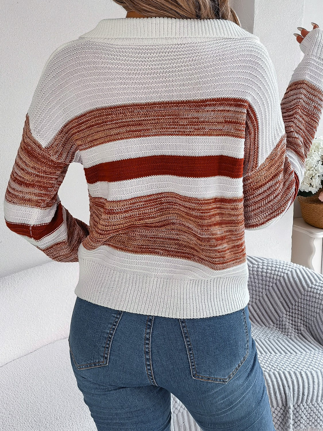 Striped Collared Neck Long Sleeve Sweater