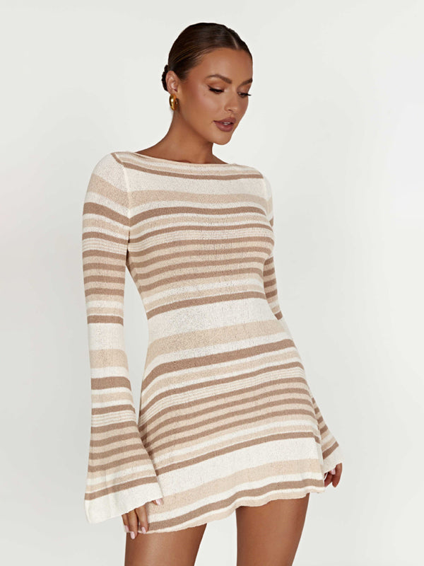 Women's bell sleeves backless striped slim knitted dress