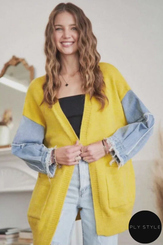 Frayed Denim Sleeve Sweater Cardigan