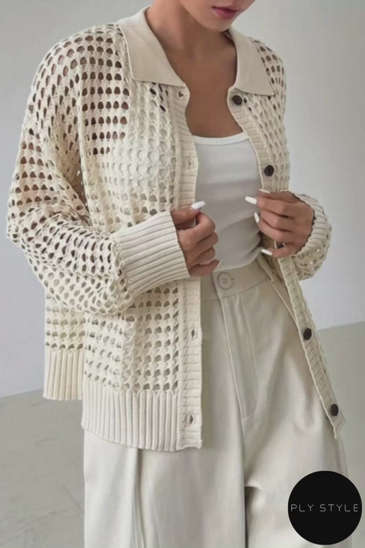 Hollow Out Knit Button Front Cardigan