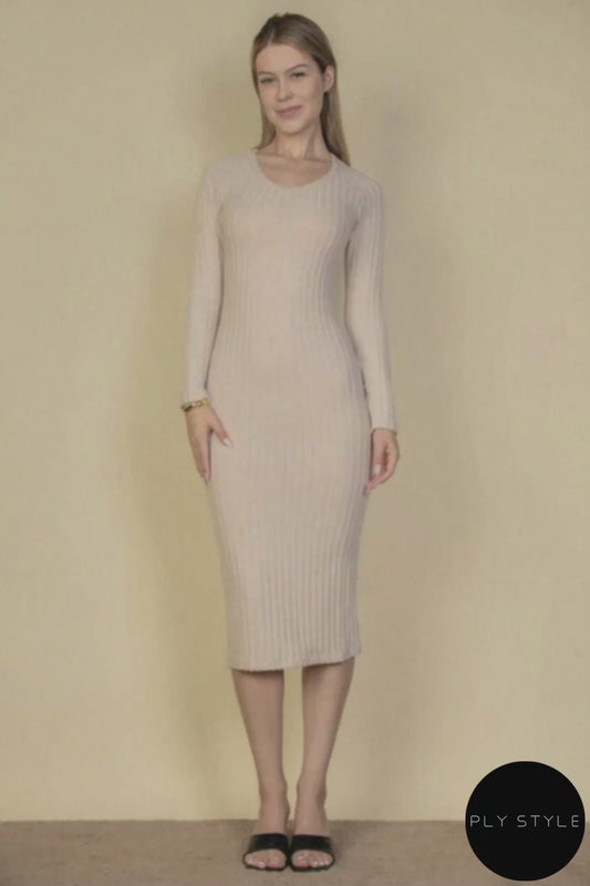 Sweater-Knit Fuzzy V Neck Bodycon Dress