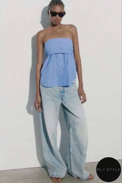 Straight Collar off Shoulder Stretch Poplin Top