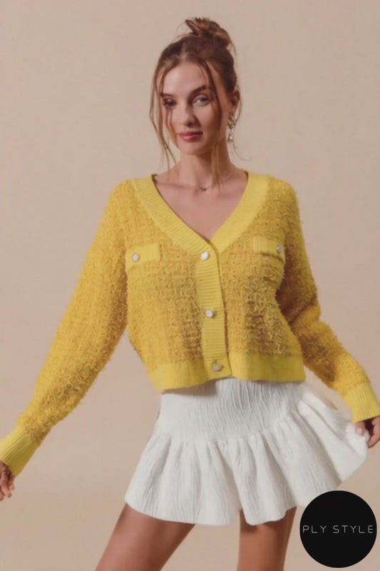 Frayed Tweed Knit Buttoned Front Cardigan