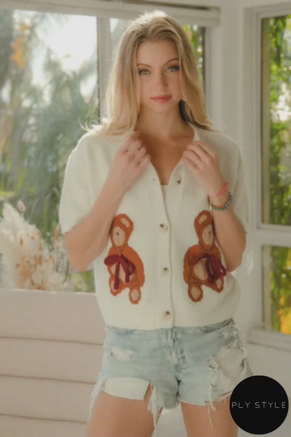 Teddy Bear With Bow Patched Sweater Button Down Top