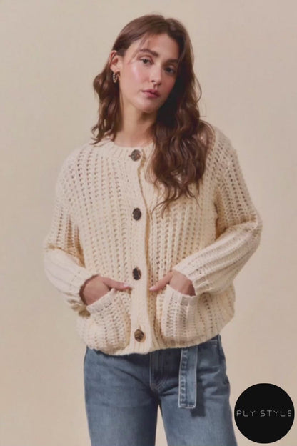 Metal Button Long Sleeve Chunky Sweater Cardigan