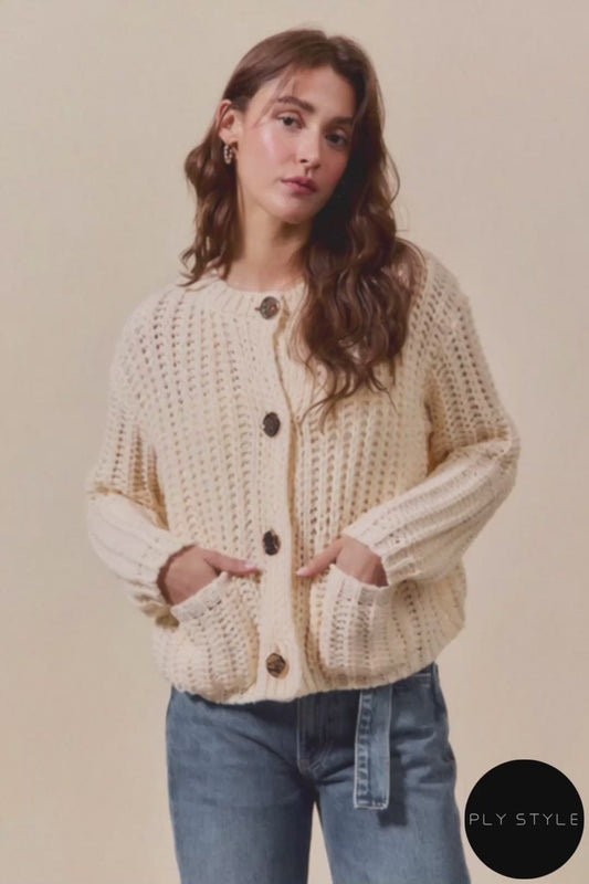 Metal Button Long Sleeve Chunky Sweater Cardigan