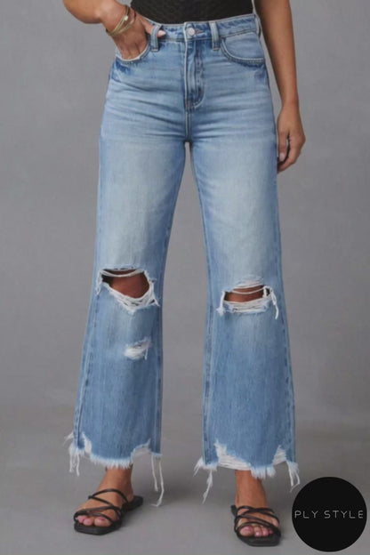 Distressed Raw Hem Jeans with Pockets