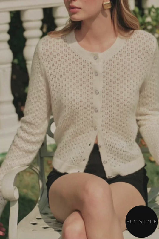 Openwork Button Up Long Sleeve Cardigan