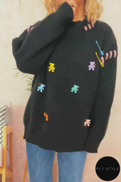 Bear Decoration Round Neck Sweater