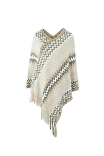 Fringe Hem Striped Cape Sleeve Poncho