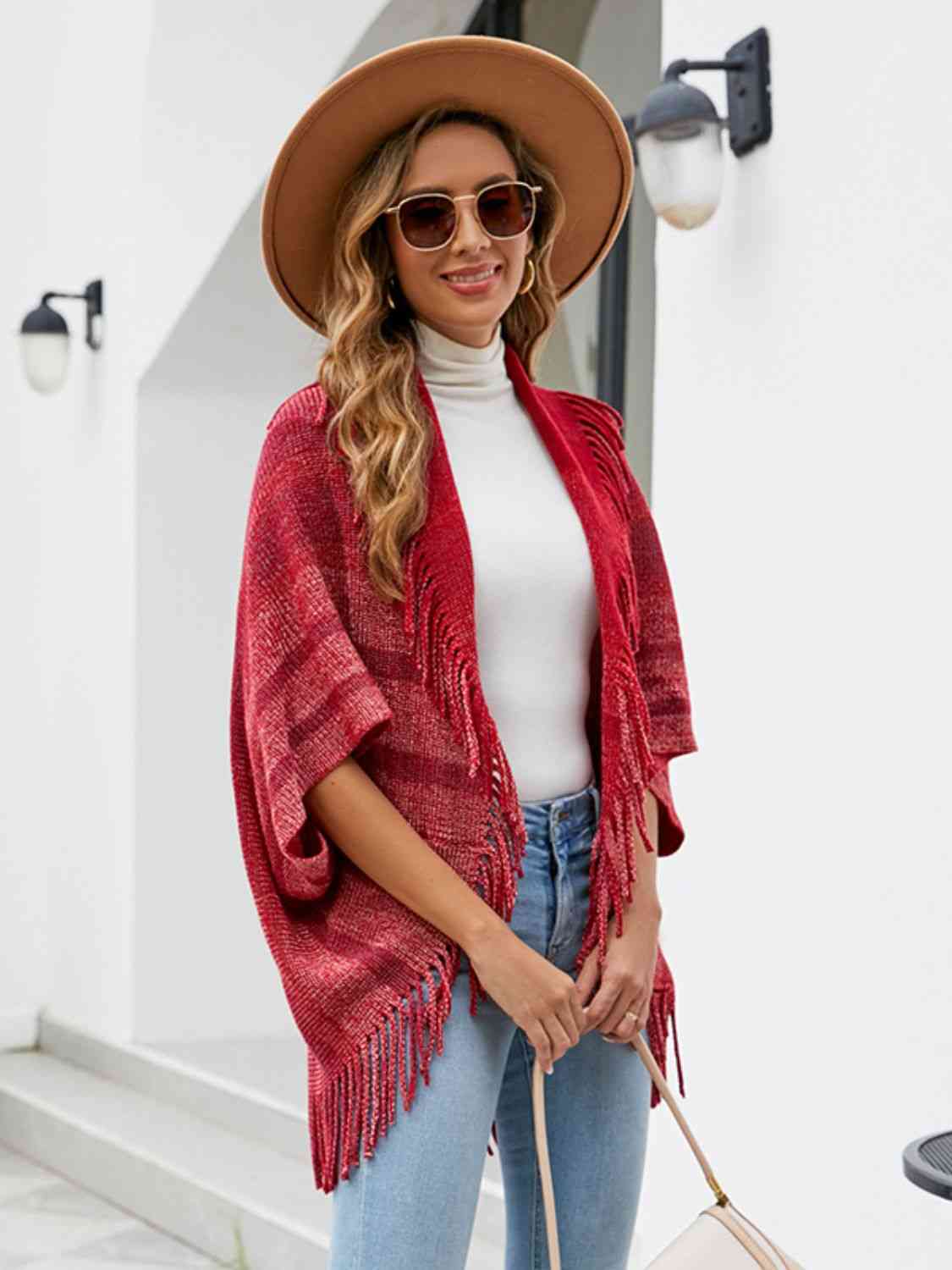 Fringe Detail Open Front Poncho