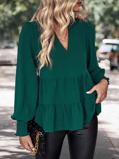 Notched Neck Lantern Sleeve Blouse