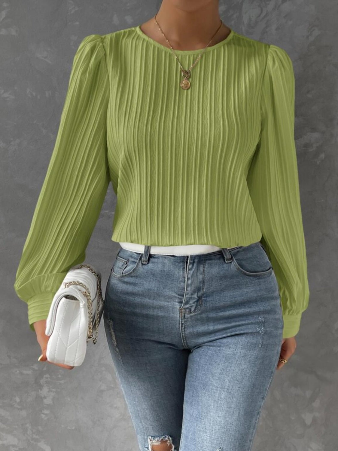 Textured Round Neck Long Sleeve Blouse