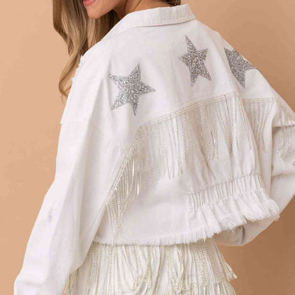 Star Raw Hem Fringe Detail Denim Jacket