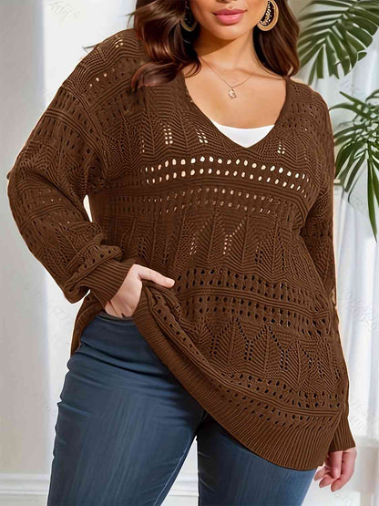 Plus Size Openwork Plunge Long Sleeve Sweater