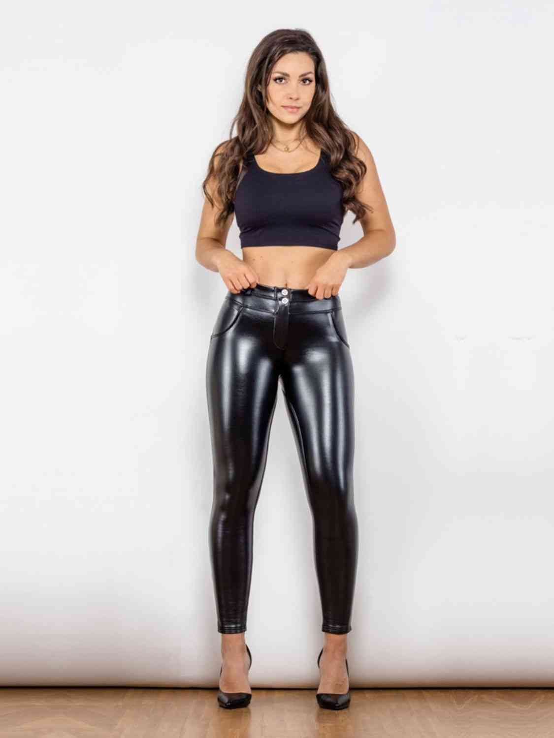 Glossy PU Leather Buttoned Long Pants