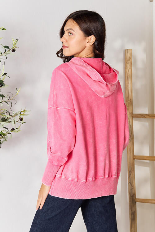 Zenana Half Snap Long Sleeve Hoodie with Pockets