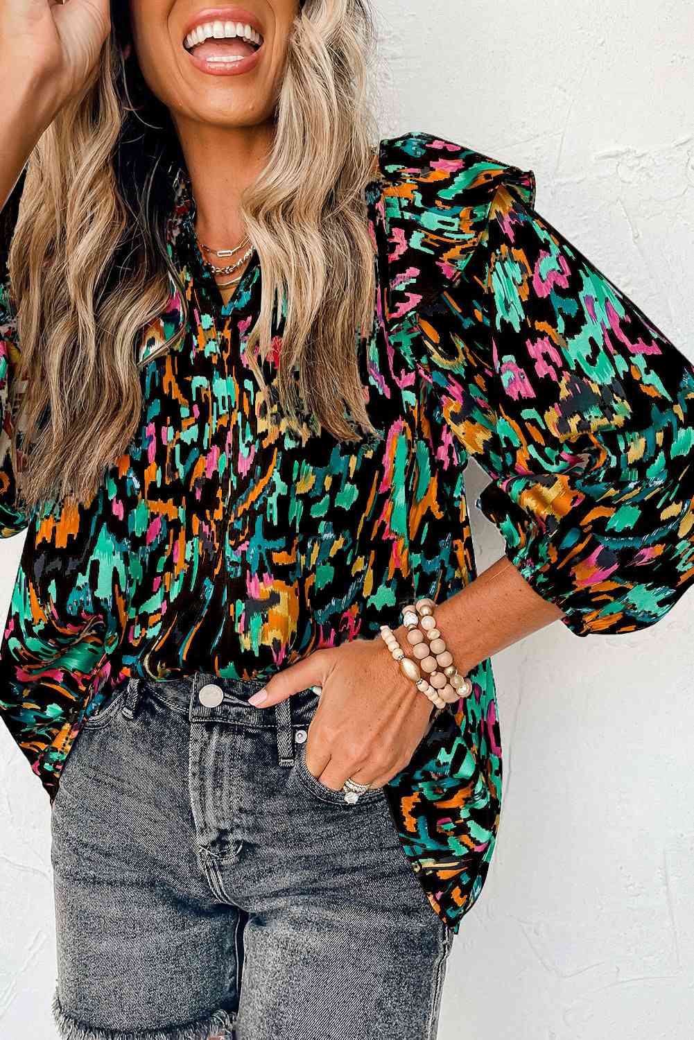 Printed Nochted Neck Ruffled Blouse