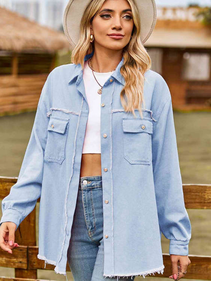 Button Up Collared Neck Raw Hem Denim Top