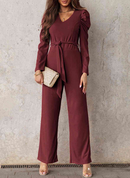 Belted Long Puff Sleeve V-Neck Jumpsuit