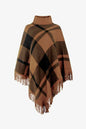 Plaid Turtleneck Fringe Hem Poncho