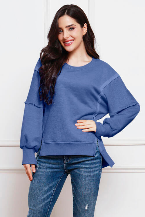 Exposed Seam High-Low Slit Sweatshirt