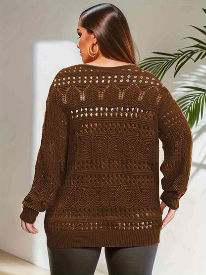 Plus Size Openwork Plunge Long Sleeve Sweater