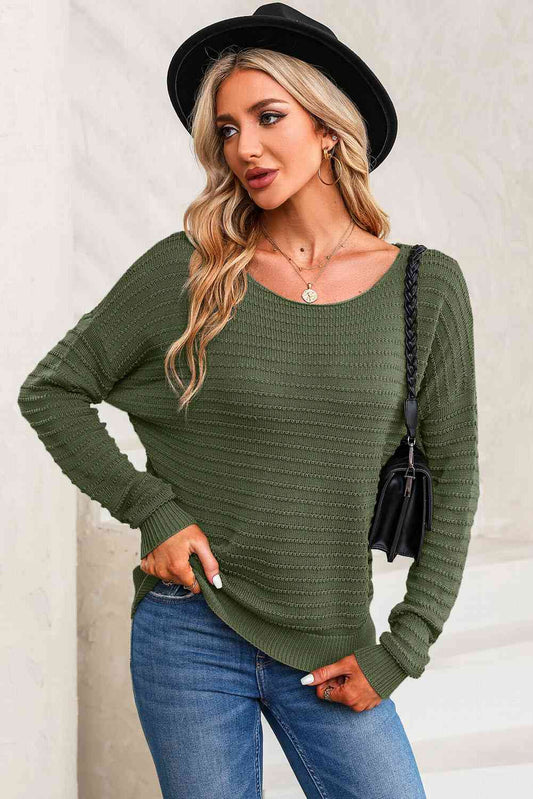 Horizontal Ribbing Round Neck Sweater