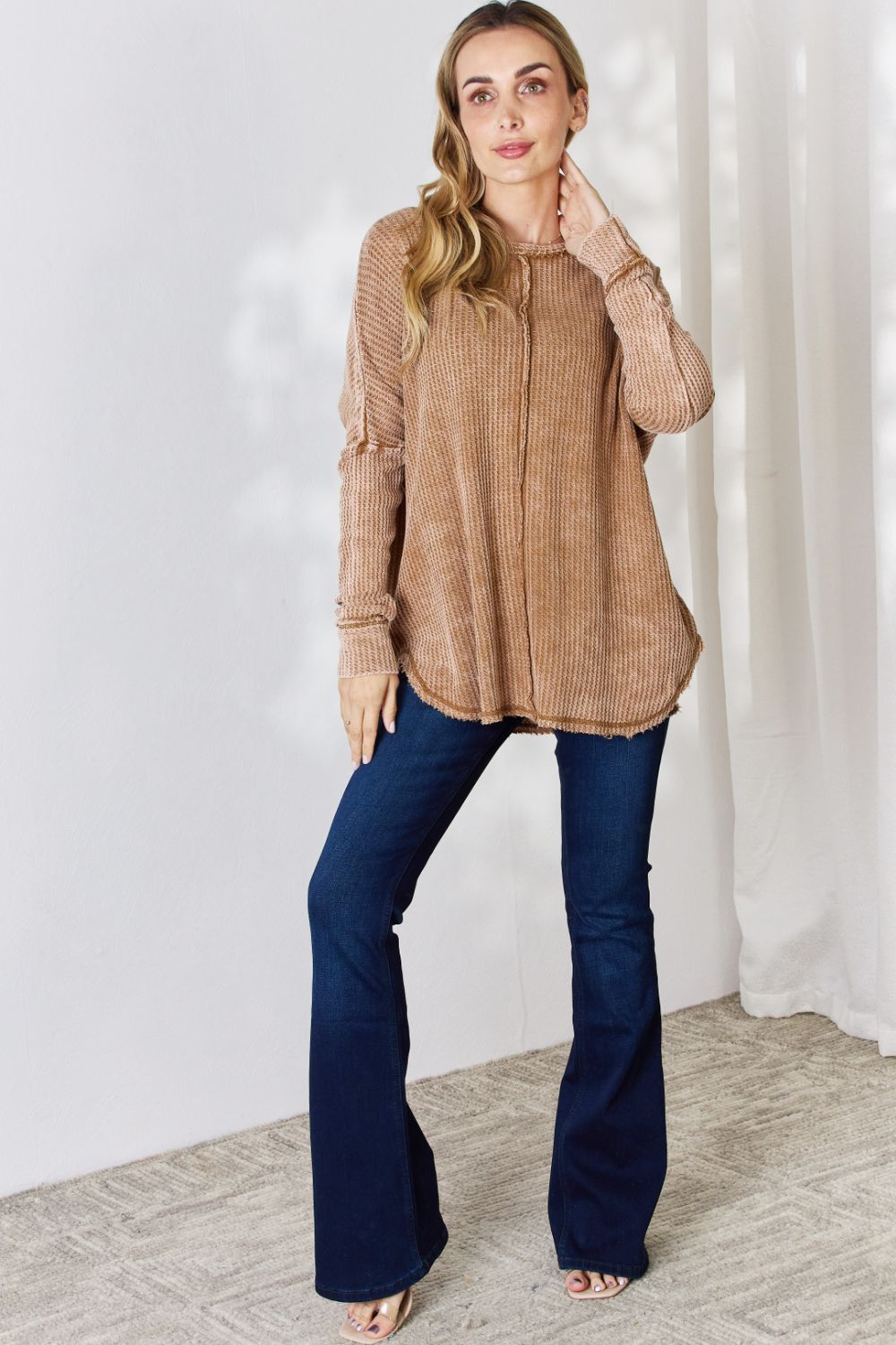 Zenana Oversized Washed Waffle Long Sleeve Top