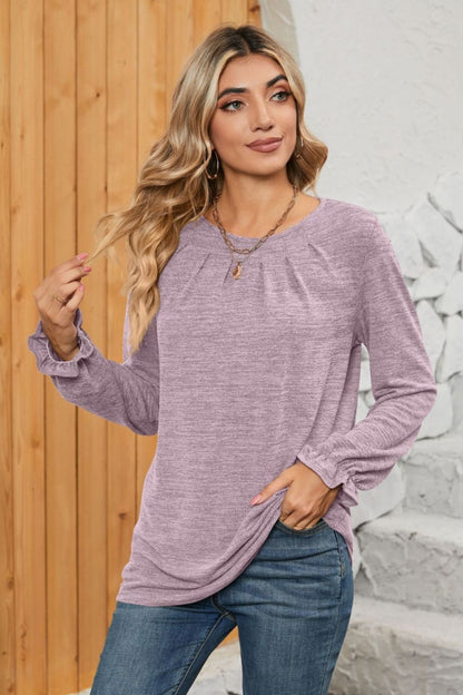 Ruched Round Neck Flounce Sleeve T-Shirt