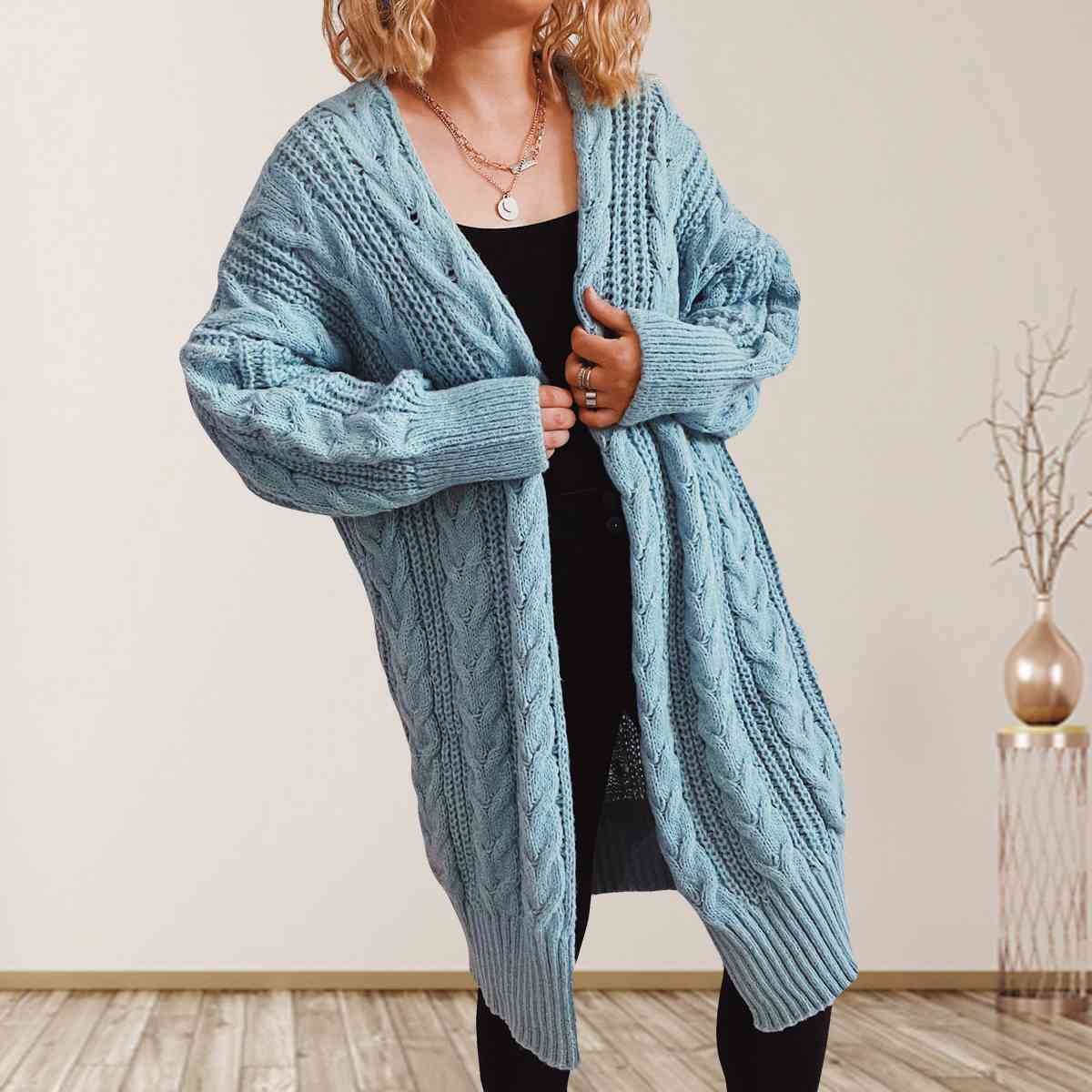 Cable-Knit Open Front Dropped Shoulder Cardigan