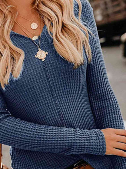 Waffle-Knit V-Neck Top