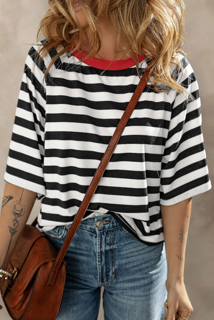 Striped Round Neck Raglan Sleeve T-Shirt